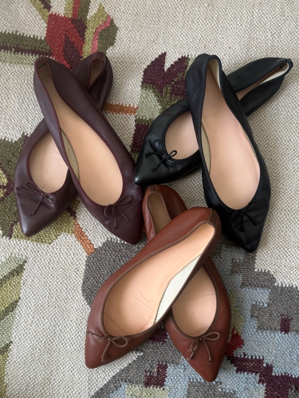 3 pair J. Crew Gemma Pointed Toe Ballet Flats in Brown, Black, Burgundy